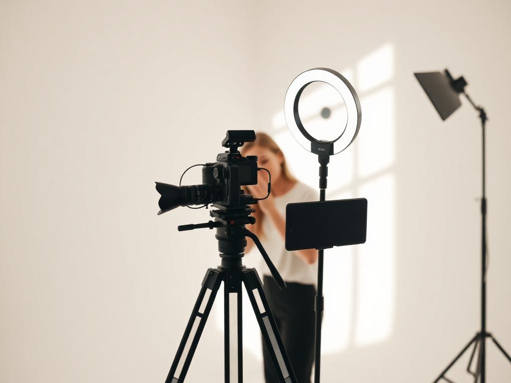 A creator filming content in a calm, minimal studio with soft natural light.