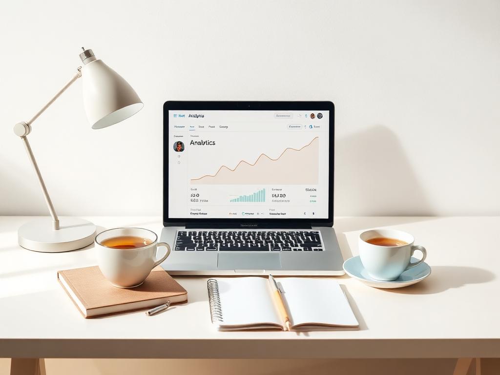 A laptop showing a clean analytics dashboard on a minimalist desk.
