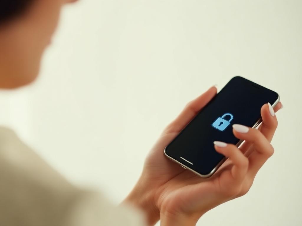 A person holding a smartphone with a privacy lock icon, in a soft, neutral setting.
